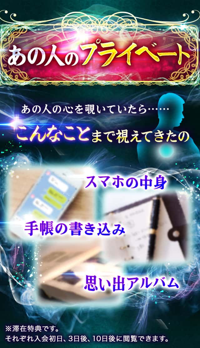 あの人のプライベート あの人の心を覗いてたら…… こんなことまで視えてきたの スマホの中身 手帳の書き込み 思い出アルバム ※滞在特典です。それぞれ入会初日、3日後、10日後に閲覧できます。