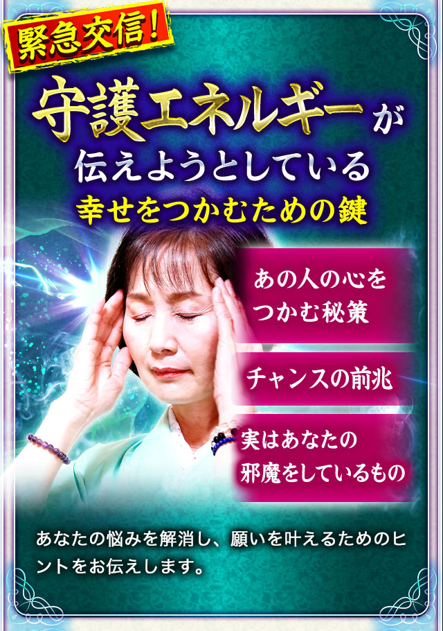 緊急更新！ 守護エネルギーが伝えようとしている幸せをつかむための鍵 あの人の心をつかむ秘策 チャンスの前兆 実はあなたの邪魔をしているもの あなたの悩みを解消し、願いを叶えるためのヒントをお伝えします。